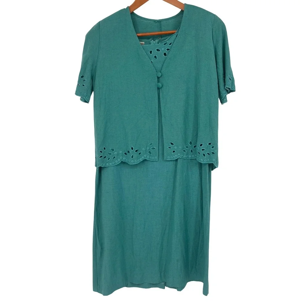 Vintage Y2K Coldwater Creek Jacket‎ Dress Set Medium Teal Eyelet Linen Blend